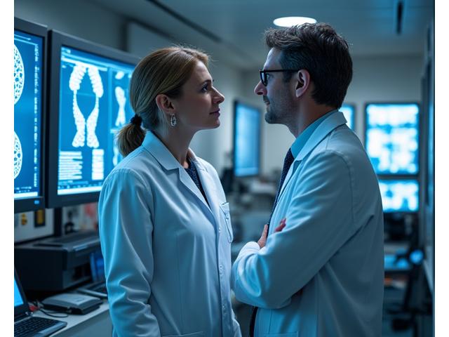 A pristine laboratory environment with scientists analyzing DNA sequences on computing screens, high-tech equipment visible