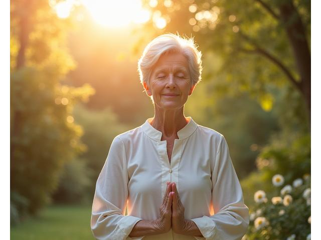Mature adult meditating in a serene garden, symbolizing mindful aging and cognitive well-being.