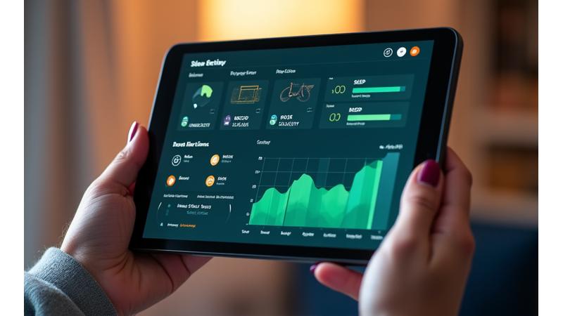 Sleek digital dashboard with vibrant charts, progress bars, and achievement badges for tracking health metrics like sleep, activity, and nutrition. A hand is interacting with the touch screen.