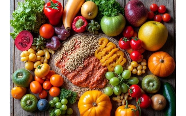 A vibrant and healthy spread of colorful fruits, vegetables, and whole grains on a wooden table, symbolizing nutritious eating.