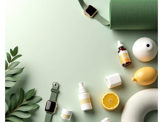 Arrangement of diverse wellness products like smartwatches, supplement bottles, and a yoga mat on a clean, modern surface, symbolizing expert curation.